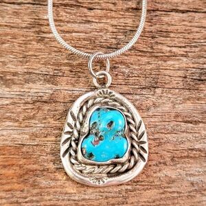 Vintage Sterling Navajo Blue Turquoise  Stamped Pendant Necklace